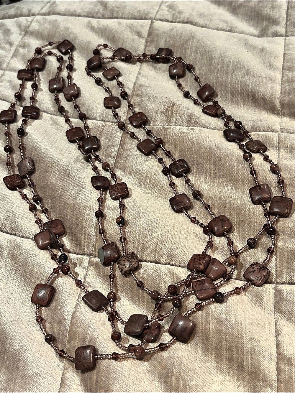 2 Strands 58” Long Brown Beaded Layered Necklace Picture Jasper Bundle